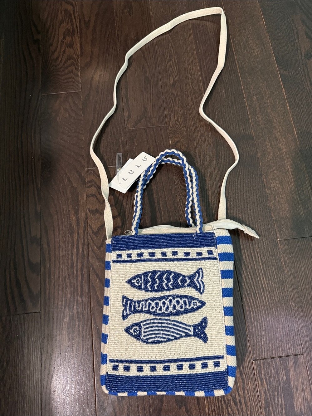NWT - Lulu's Blue & Cream Embroidered Fish Crossbody Bag